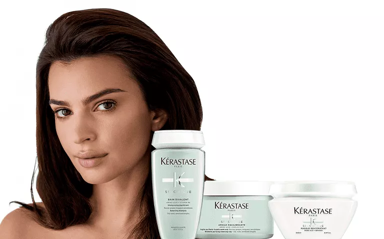 Kerastase Specifique model with hair care products for unbalanced scalps.
