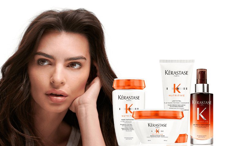 Kerastase Nutritive model with products for dry hair.