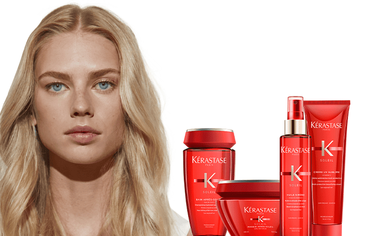 Kerastase Soleil model with hair care products for sun exposed hair.