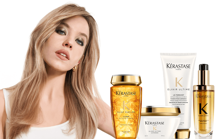 Kerastase Fusio Scrub model with hair care products for scalp care.