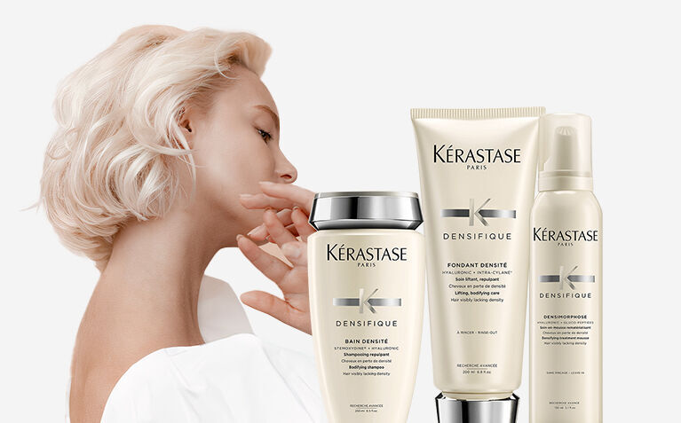 Kerastase Densifique model with ultimate hair care for thinning hair.