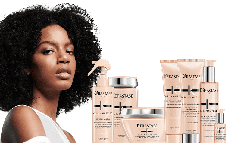 Kerastase Curl Manifesto model with products for curly and coily hair.