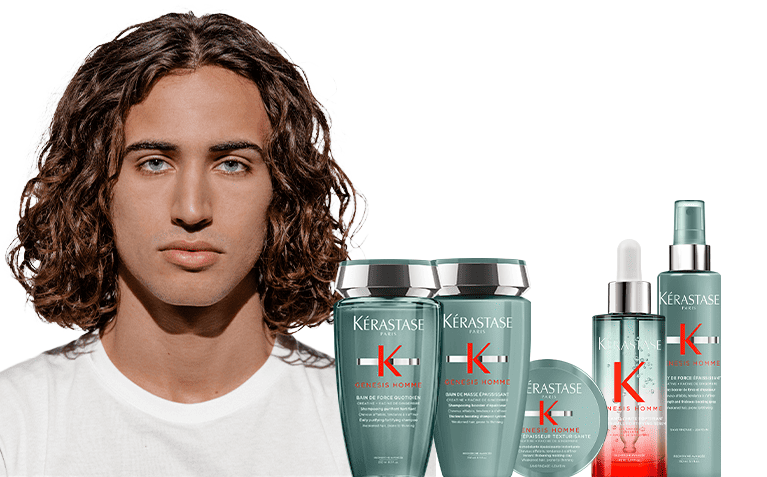 Kerastase Genesis homme male model with dual anti-fall action hair care product.