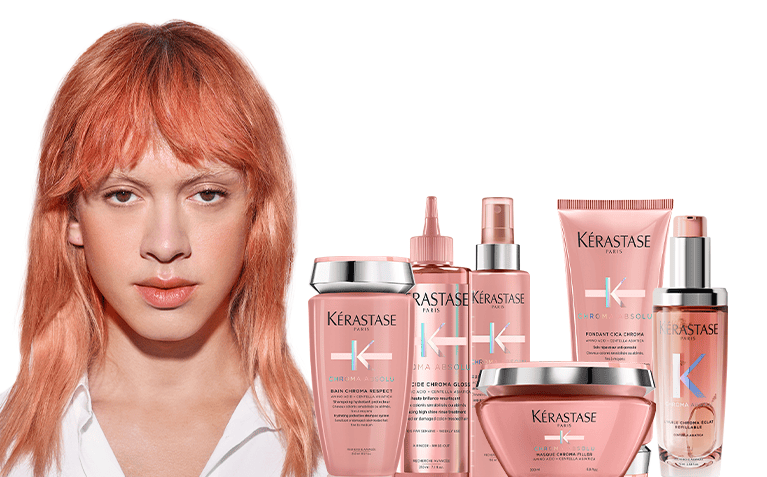 Kerastase Chroma Absolu model with products for color-treated hair